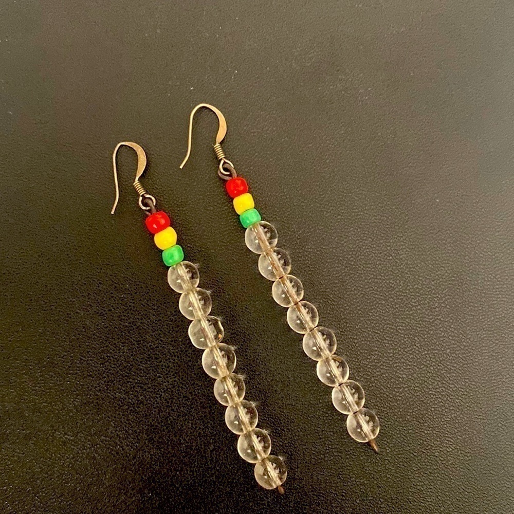 Red, yellow, green, and clear Rasta dangle Earrings